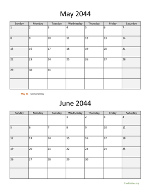 May and June 2044 Calendar Vertical