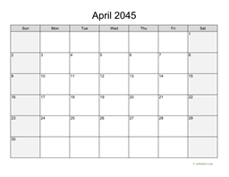 April 2045 Calendar with Weekend Shaded