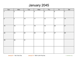 January 2045 Calendar with Weekend Shaded