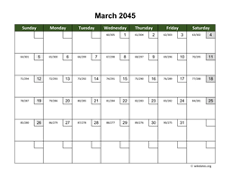 March 2045 Calendar with Day Numbers