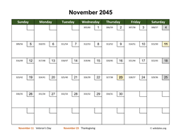 November 2045 Calendar with Day Numbers