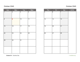October 2045 Calendar on two pages