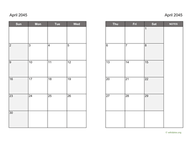 April 2045 Calendar on two pages
