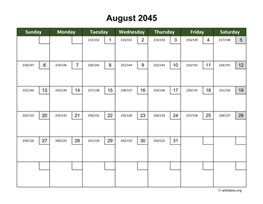 August 2045 Calendar with Day Numbers