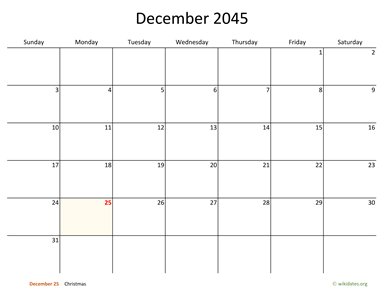 December 2045 Calendar with Bigger boxes