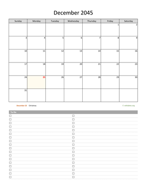December 2045 Calendar with To-Do List