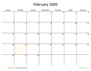 February 2045 Calendar with Bigger boxes