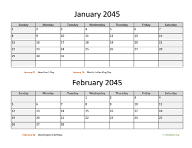 January and February 2045 Calendar Horizontal