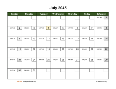 July 2045 Calendar with Day Numbers