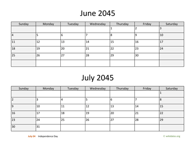 June and July 2045 Calendar Horizontal