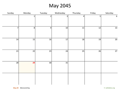 May 2045 Calendar with Bigger boxes