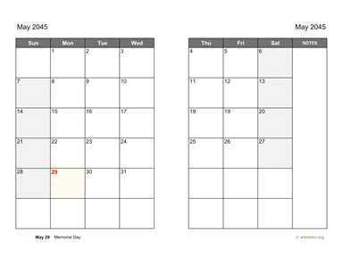 May 2045 Calendar on two pages