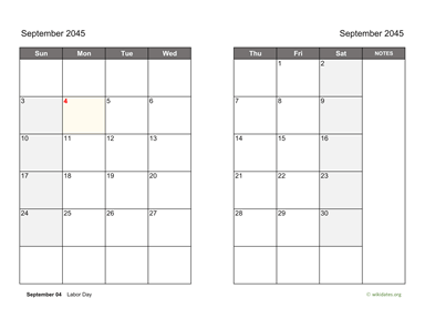 September 2045 Calendar on two pages