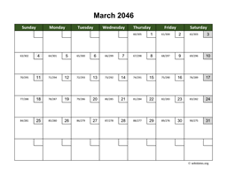 March 2046 Calendar with Day Numbers