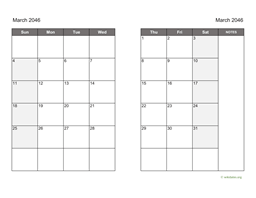 March 2046 Calendar on two pages
