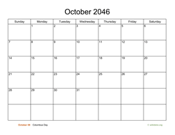 Basic Calendar for October 2046