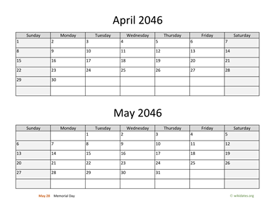 April and May 2046 Calendar Horizontal