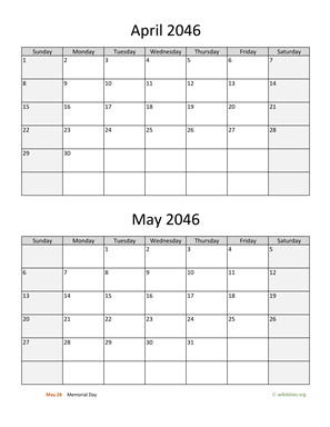 April and May 2046 Calendar Vertical
