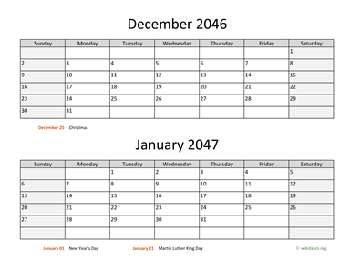 December 2046 and January 2047 Calendar Horizontal