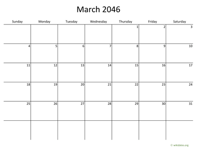 March 2046 Calendar with Bigger boxes