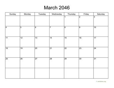 Basic Calendar for March 2046