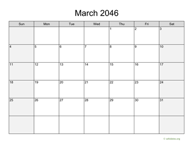 March 2046 Calendar with Weekend Shaded