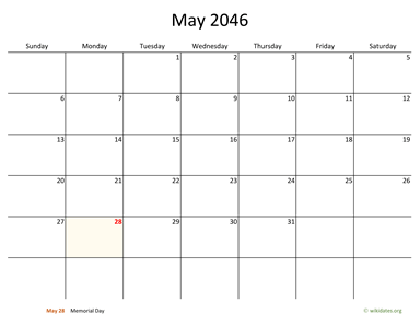 May 2046 Calendar with Bigger boxes