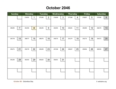October 2046 Calendar with Day Numbers