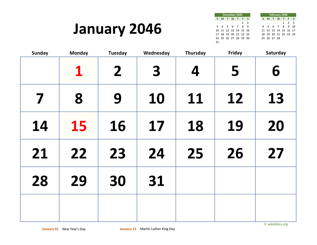 Monthly 2046 Calendar With Extra Large Dates