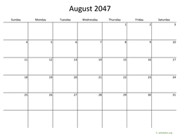 August 2047 Calendar with Bigger boxes
