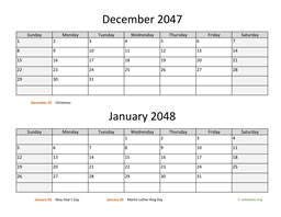 December 2047 and January 2048 Calendar