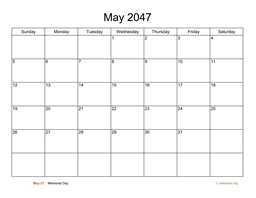 Basic Calendar for May 2047