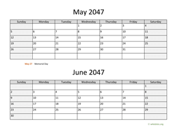 May and June 2047 Calendar