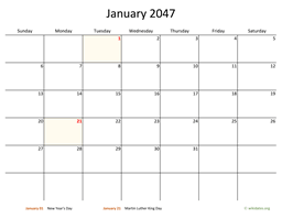 Monthly 2047 Calendar with Bigger boxes