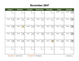 November 2047 Calendar with Day Numbers