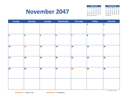 November 2047 Calendar Classic