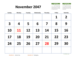 November 2047 Calendar with Extra-large Dates