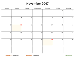 November 2047 Calendar with Bigger boxes
