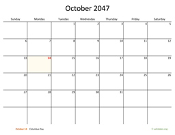 October 2047 Calendar with Bigger boxes