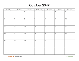 Basic Calendar for October 2047
