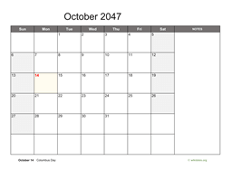 October 2047 Calendar with Notes