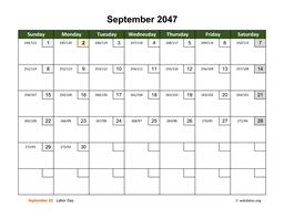 September 2047 Calendar with Day Numbers