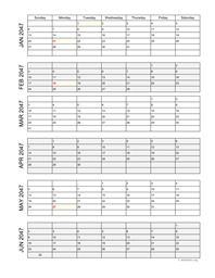 six months 2047 calendar vertical