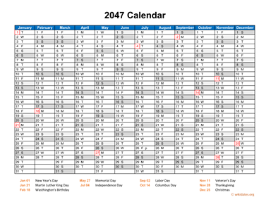 2047 Calendar Horizontal, One Page