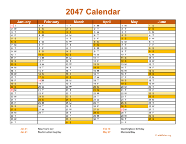2047 Calendar on 2 Pages, Landscape Orientation