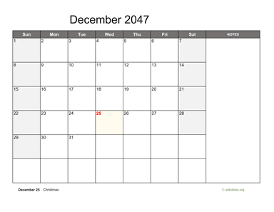 December 2047 Calendar with Notes