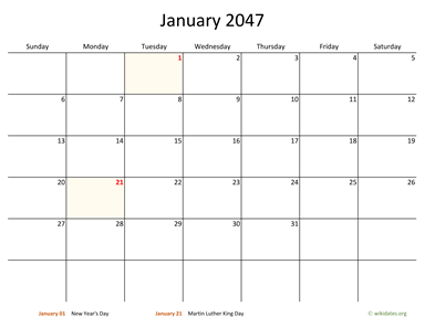 January 2047 Calendar with Bigger boxes