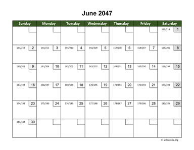 June 2047 Calendar with Day Numbers