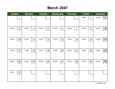 March 2047 Calendar with Day Numbers