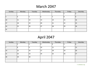 March and April 2047 Calendar Horizontal